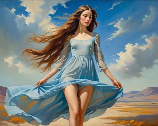 Fantasy Art of Woman in Sheer Blue Dress Against Sky