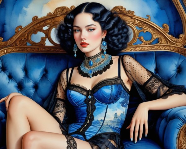 Elegant Woman in Blue Corset on Luxurious Chair