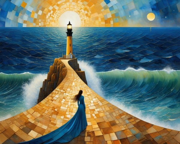 Vibrant Lighthouse on Rocky Outcrop at Sunset