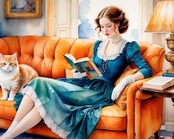 Young woman in teal gown reading on orange sofa
