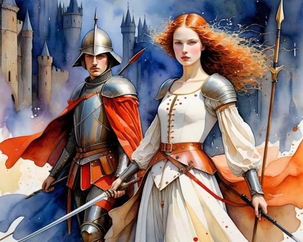 Knight and Warrior Woman Before Majestic Castle