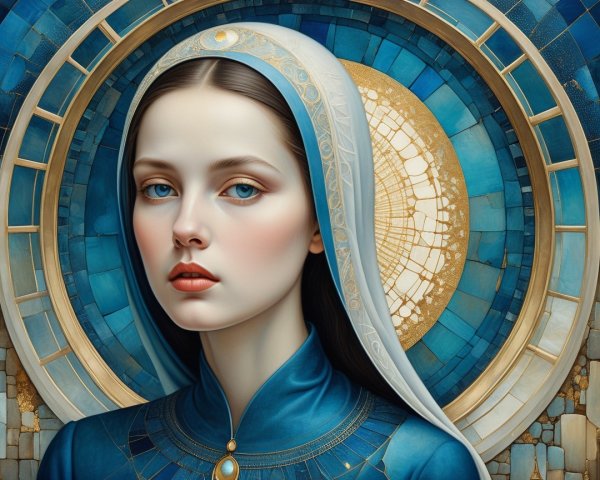 Serene Portrait of a Woman with Blue Eyes and Headscarf