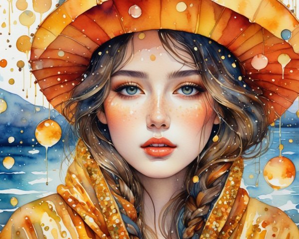 Young Woman with Blue Eyes and Orange Hat by Waterfront