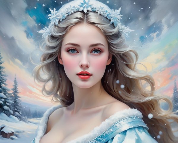 Anime Winter Scene Featuring a Blonde Woman in Blue Dress