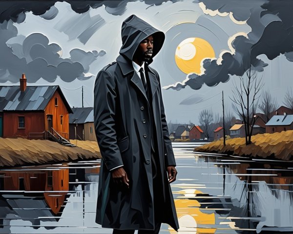 Solitary Figure by Calm River Under Dramatic Sky