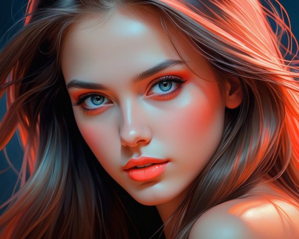 Close-up of a young woman with blue eyes and glowing skin