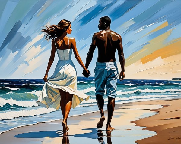 Couple Walking on Beach at Sunset with Ocean Waves