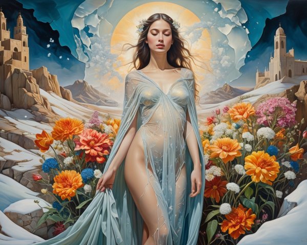 Serene Woman in Vibrant Garden with Mountains and Castles