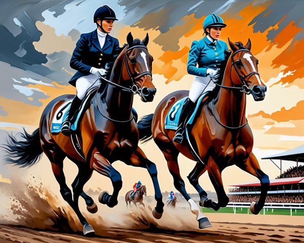 Horse Riders Competing on a Dirt Track at Sunset