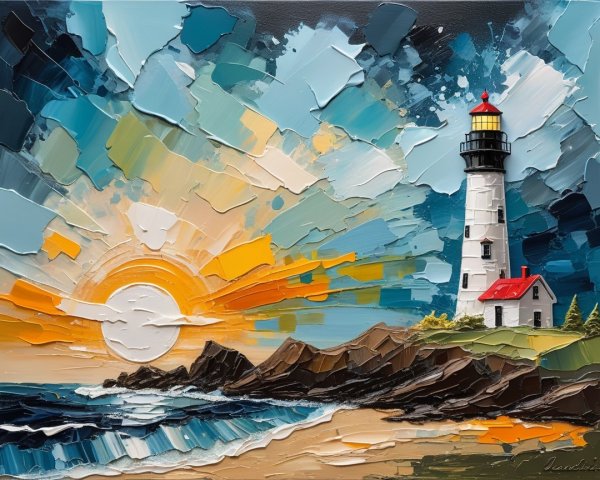 Thick Impasto Lighthouse Painting at Sunrise