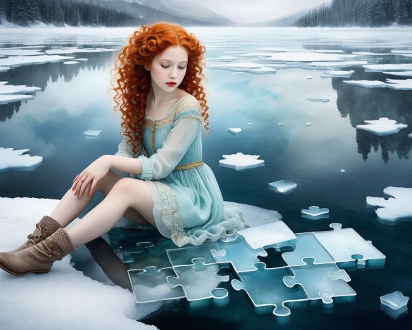 Young girl in blue dress on floating ice patch