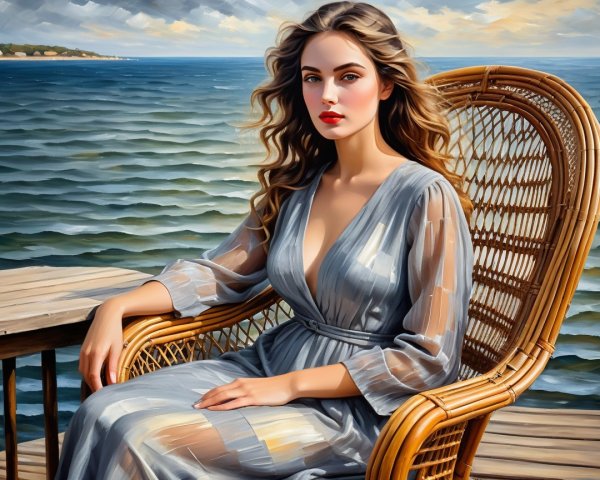 Young woman in gray dress by the seaside in calm setting