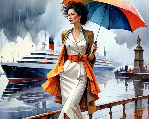 Stylish Woman with Umbrella by Luxury Ship and Water