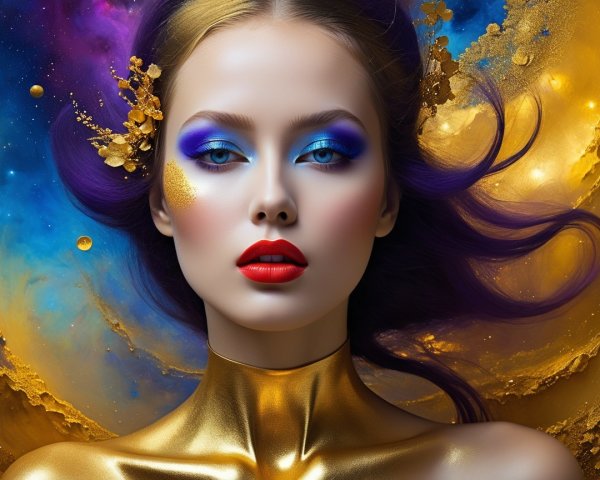 Portrait of a model with vibrant makeup and cosmic background
