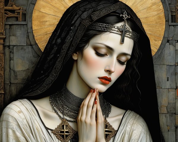 Solemn Figure in Dark Garments with Halo and Jewelry