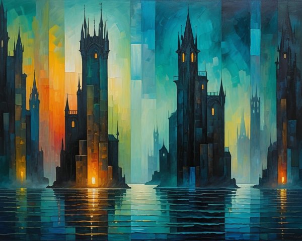 Gothic Towers in a Twilight Landscape with Reflections