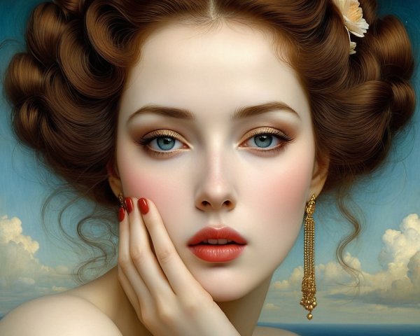 Portrait of a Young Woman with Blue Eyes and Curls