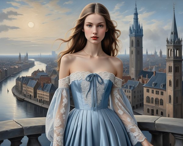 Young Woman in Historical Ball Gown Overlooking City