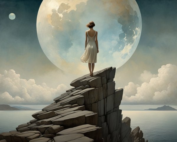 Dramatic Fantasy Landscape with Moons and Ocean View
