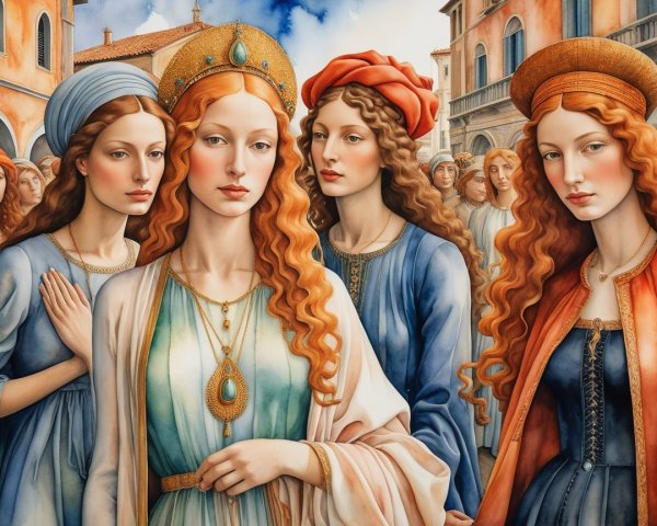 Elegantly Dressed Women in Historic Regal Setting