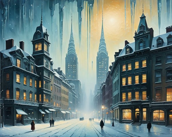 Snow-Covered City Street with Icicles and Skyscrapers