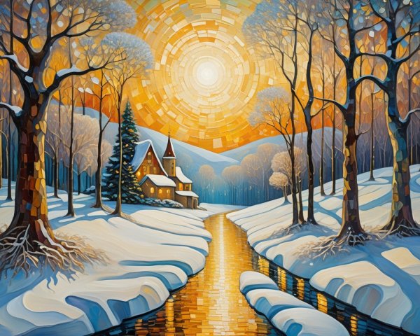 Winter Landscape with House and Frosty Trees