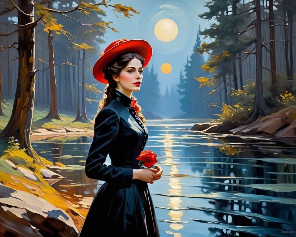 Vintage Dress and Red Hat by Serene Forest Lake