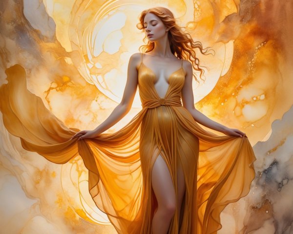 Elegant figure in a flowing golden gown with warm hues