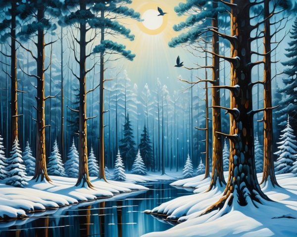 Vibrant Digital Winter Forest Landscape at Sunrise