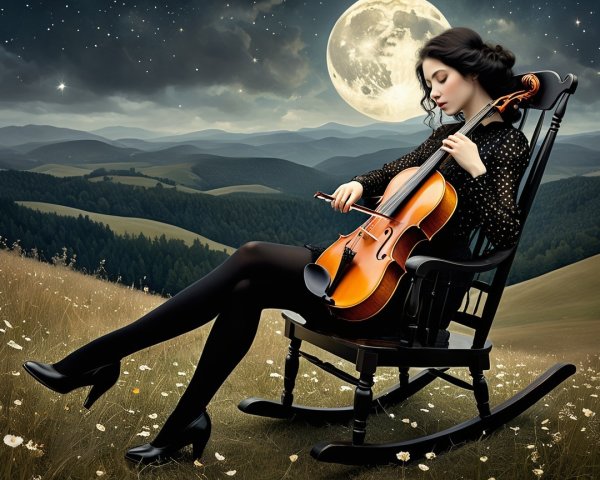 Young Woman in Black Dress Playing Violin at Night