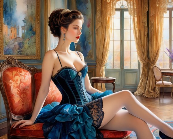 Elegant Woman in Blue Corset Dress in Luxurious Room