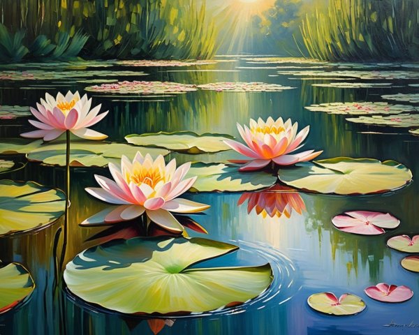 Serene Water Landscape with Blooming Water Lilies