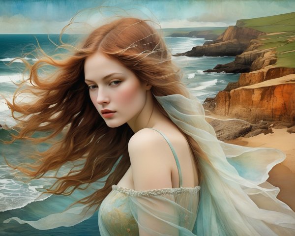 Portrait of a Young Woman with Red Hair by the Coast