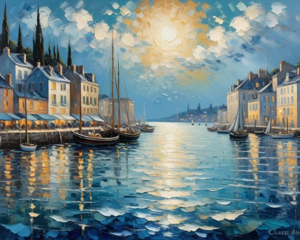 Vibrant Sunset Harbor Scene with Colorful Boats