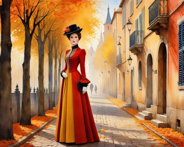 Stylish Woman in Vibrant Gown on Cobblestone Street