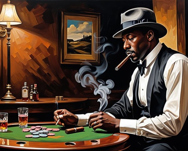 Stylish Man at Casino Table with Poker Chips and Whiskey