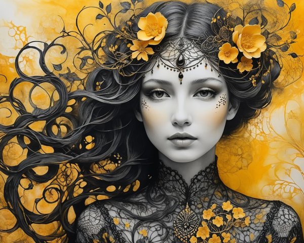 Portrait of a Young Woman with Floral Elements