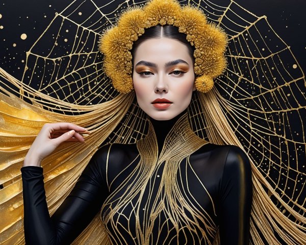 Model in Black Outfit with Gold Details and Flowers