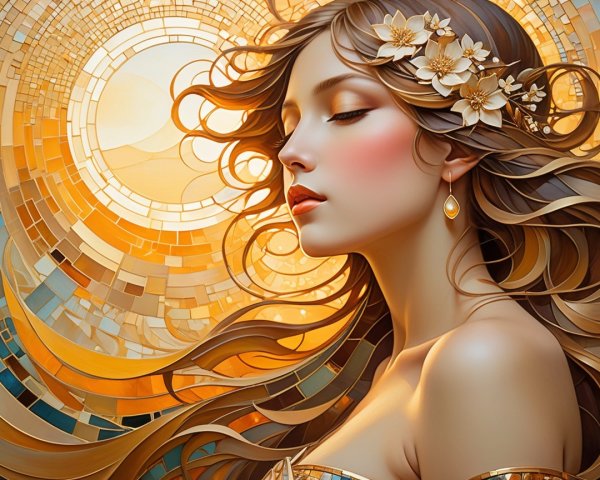 Serene Woman with Flowing Hair and Floral Adornments