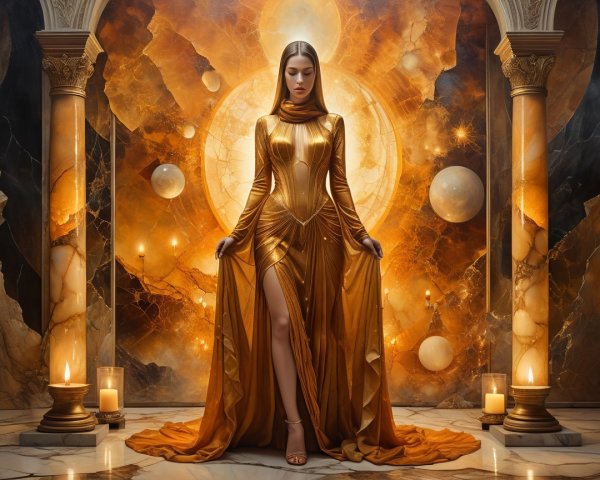 Metallic Gold Gown Against Celestial Backdrop