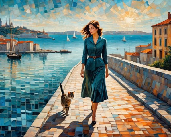 Long-haired woman in teal dress by seaside at sunset