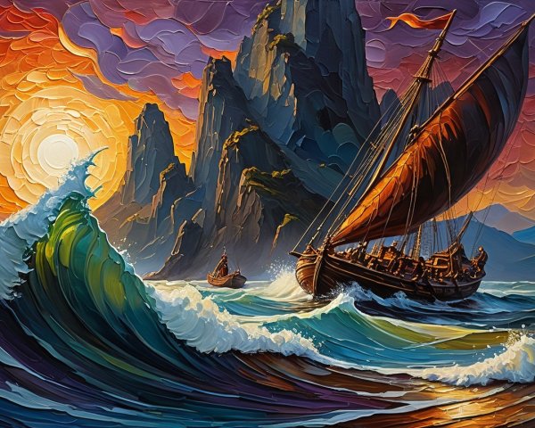 Vibrant Seascape at Sunset with Sailing Ship and Waves