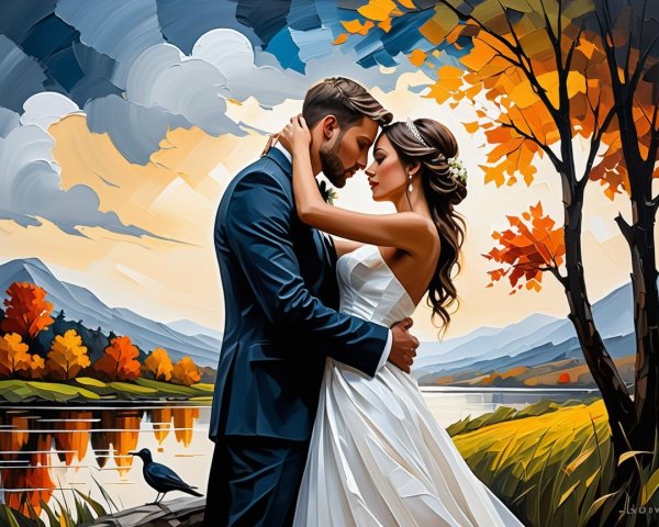 Couple Embraced by Autumn Lake and Mountains