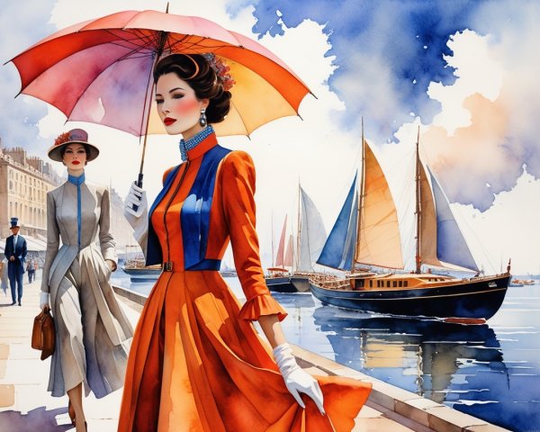 Watercolor of Women Strolling by Waterfront Promenade