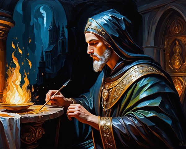 Regal figure in robes examines flames in dark castle