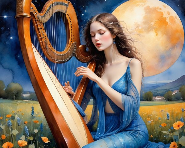 Woman Playing Harp Under a Luminous Moonlit Sky
