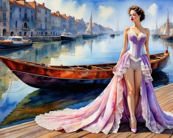 Elegant Woman in Lavish Purple and Pink Gown on Dock