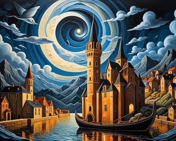 Enchanted village by serene waterway with towers