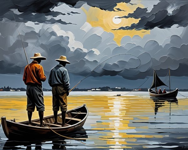 Fishermen in a Boat Under Dramatic Cloudy Sky