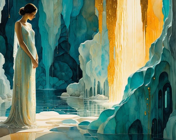 Serene figure in ethereal cave with golden waterfall